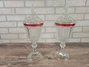 lot 299 image: (2) Indiana Glass Ruby Banded Diamond Point Glass - Approx. 15 Tall each - NO SHIPPING