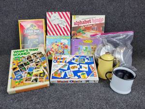 lot 350 image: Lot of Vintage Games, Playsets, and Mess Kits with Coffee Pots