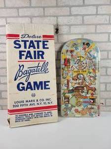 lot 33 image: Antique MARX State Fair Bagatelle Pinball Machine w Original Box