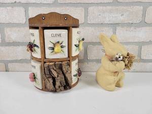 lot 42 image: Vintage Spice Shakers in Shelf & Papier Mache Bunny (6.5 Tall)