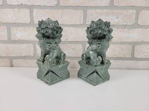lot 64 image: Pair of Chinese Foo Dogs Carved Stone Statues - Each is Approx. 8 Tall