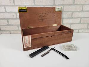 lot 94 image: The Edge Cigar Crate (17 x 7 x 5), Straight Shaving Razor, and Vintage Paperweight
