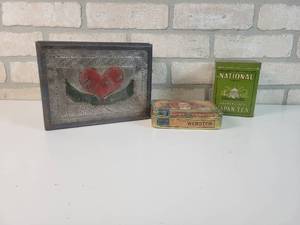lot 100 image: Webster Cigar Tin, National Japan Tea Tin and Wood Box w Stamped Steel Top Decoration (8 x 6 x 5)