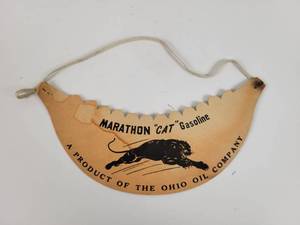 lot 153 image: 1940s Marathon CAT Gasoline Cardboard Visor - Ohio Oil Company - Approx. 10.5 x 5