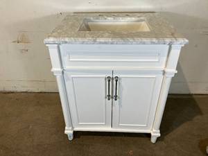 lot 42 image: Home Decorators Collection Aberdeen 30 in. x 22 in. D x 34.5 in. H Bath Vanity in White with White Carrara Marble Top
