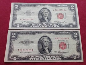 lot 7 image: (2) 1953 Series Red Seal $2 Notes