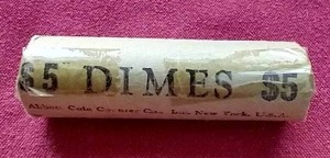 lot 56 image: Vintage $10 Dime Roll - At Least 1 Silver Dime