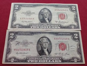 lot 114 image: (2) 1953 Series Red Seal $2 Notes