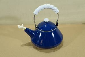 lot 221 image: Vintage Enameled Metal Teapot with Whistling Bird