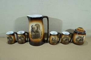 lot 222 image: Antique Warwick IOGA Pitcher with 4 Bulldog Mugs and Cigar Jar