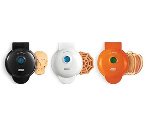 lot 460 image: NEW Dash Halloween Mini Waffle Set, includes Pumpkin, Skull and Spider Web Waffle Makers