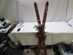 lot 630 image: NEW Members Mark 5 Foot Pre Lit Decorative Wooden Skis RED Battery Operated