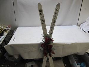 lot 631 image: NEW Members Mark 5 Foot Pre Lit Decorative Wooden Skis WHITE Battery Operated