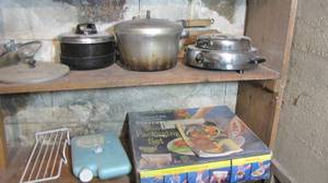 Pots and pans with lids, antique wo...