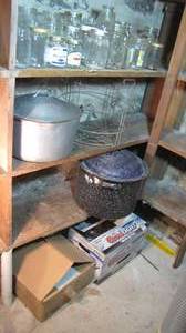 Variety of glass jars, stock pots a...