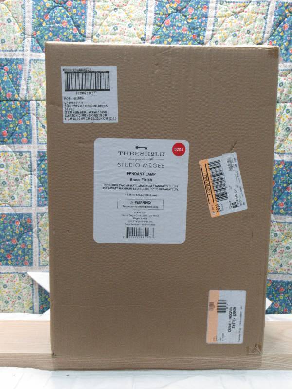 lot 56 image: Metal Two Arm Shaded Chandelier Ceiling Light Brass - Threshold designed with Studio McGee