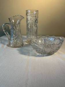 cut glass pitcher, vase, bowl