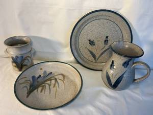 stoneware pitcher w matching plate and crock w matching plate