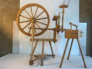 handmade Finnish design 1864 model spinning wheel with accompanying cart