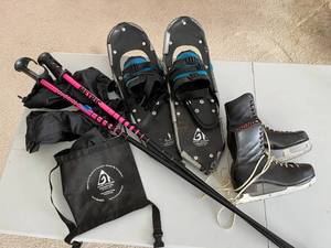 ice skates, snowshoes, poles for the winter sports enthusiasts