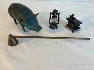 adorable pig, brass candle snuffer, & metal pencil sharpeners