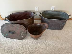 2 copper boilers and a coal scuttle