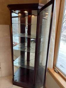 Howard Miller lighted corner Collectors Cabinet with glass shelves - made in USA