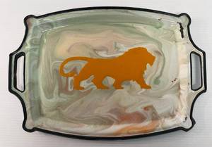 lot 106 image: Antique Colorfull Enameled Serving Tray With Lion