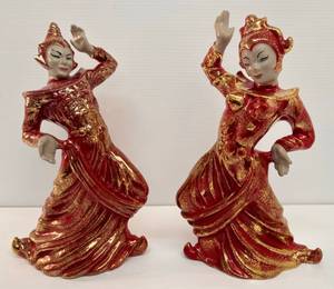 lot 119 image: Fabulous Mid- Century Ceramics Pair Of Balinese Or Thai Dancers Speckled Red And Gold Hollywood Regency Signed Gilner California 14