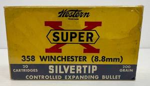 lot 148 image: 1 Un-opened Box Of Western SuperX 358 Winchester (8.8mm) Silver Tip Ammo (Full Box))