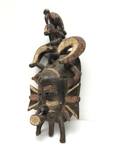 Excellent Old Senufo Kpelie Mask wBird &amp Figure