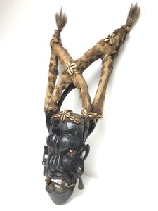 Large Old Ominous Carved Society Mask wHyena Skin
