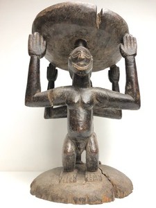 Spectacular Early LubaHemba Caryatid Couple Stool