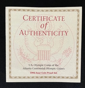 lot 53 image: The United States Mint 4 Coin Proof Set of the 1995 Atlanta Centennial Olympic Games with Box and Certificate