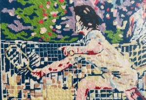 lot 60 image: Vintage Tennis Themed Styled after Leroy Neiman Needlepoint Framed Art