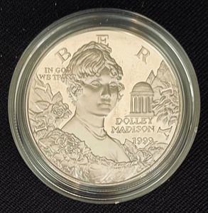 lot 129 image: United States Mint Dolly Madison Commemorative One Dollar Coin with Box and Certificate