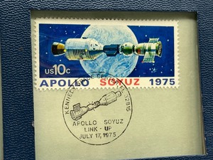 lot 94 image: Apollo Soyuz Mission 1975 Commemorative Sterling Silver Medallion and Stamp Set