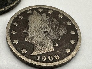 lot 384 image: 1867 Three Cent Nickel, 1906 Nickel and 1887 Nickel