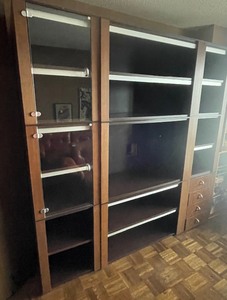 lot 444 image: Vintage Large Entertainment Center with Drawers and Glass Door Cabinets