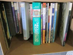 box of woodworking books , fishing ...
