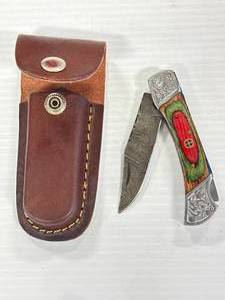 Custom Damascus Knife & Leather Sheath 7 Inches Open