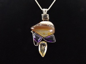 .925 Sterling Silver LARGE Agate, Amethyst, Citrine, and Smokey Quartz Pendant Necklace