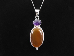 .925 Sterling Silver Carnelian and Amethyst Cabochon Pendant Necklace