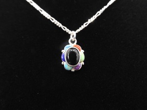.925 Sterling Silver Multi Colored Stone Cabochon Pendant Necklace