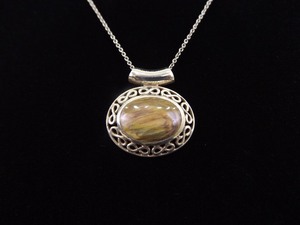 .925 Sterling Silver Tigers Eye Cabochon Pendant Necklace