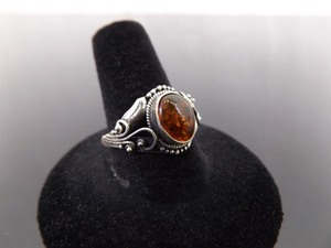 .925 Sterling Silver Amber Cabochon Ring Size 10