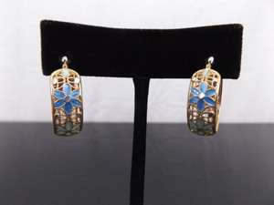 .925 Sterling Silver Enamel Flower Vermeil Hoop Hinged Latch Earrings