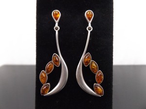 .925 Sterling Silver Amber Cabochon Dangle Post Earrings