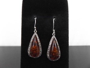 .925 Sterling Silver Amber Cabochon Dangle Hook Earrings