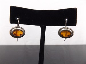 .925 Sterling Silver Amber Cabochon Hook Clamp Earrings
